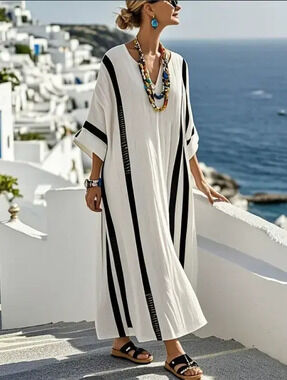 ZARA Digital Print Striped Collar Half Sleeve Long Kaftan Dress